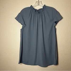 Express Ruffle Collar Blue Short Sleeve Blouse Size: L